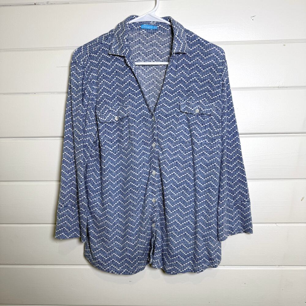 J. McLaughlin Brynn Shirt Womens XL Blue Linen Blend Chevron Long Sleeve